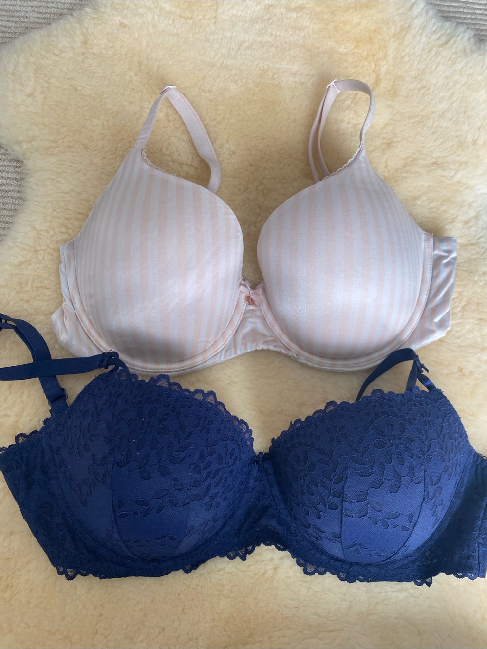 Victoria's Secret Bra Bundle Pink Striped T-Shirt Bra & Navy Lace Demi Set 36DD